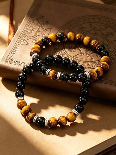 YAUKIA Pulsera de protección de piedra natural vintage para hombres, ojo de tigre y turmalina negra, accesorio apilable para atuendo, joyería elástica, yoga y meditación para mujeres y hombres