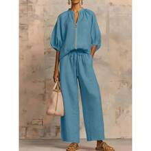 Women's Matching Lounge Set Quarter Zip Pullover Top Loose Wide Leg Pants 2 Piece Sweatsuit Casual Outfit - Xanh lam công - Xem 12