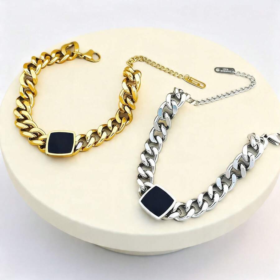 1件复古时尚钛钢手链，男女皆宜，适合日常和派对佩戴，防水防褪色 - 方形 - 查看 1