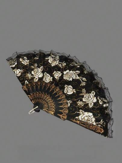 1pc Vintage French Lace Tassel Folding Hand Fan, Goth Hand Fans,Rose Hand Fans,Portable For All Seasons, Suitable For Dancing,For Party/Banquet/Cosplay