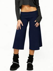 Fold Over Gaucho Pants Culottes For Women Low Rise Capris Foldover Flowy Going Out Flare Bottoms Wide Leg Capri Pants - Xanh đậm - Xem 2