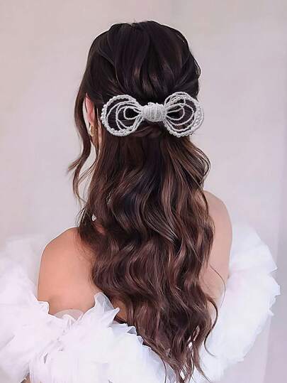 1件装时尚灰色水晶流苏蝴蝶结发夹，手工新娘头饰，婚礼派对发饰，个性化礼物，春夏发饰