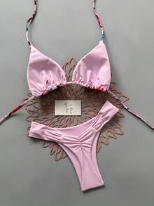 Women's Casual Ruched Bikini Set, Fruit Print Triangle Top With Ruched Pink Bottoms, Medium Stretch Swimwear Vacation Beach Summer - Pink - View 4