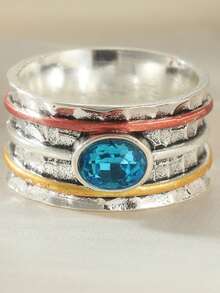 Women's Wide Band Ring, Vintage Tri-Color Design, Inlaid With Blue Synthetic Cubic Zirconia, Creates Party Atmosphere - Multicolor - View 10
