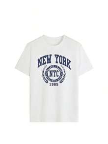 1 camiseta de corte holgado con estampado de la insignia universitaria "NEW YORK NYC", estilo retro universitario Y2K, ropa de calle, top casual deportivo urbano de verano, camiseta vintage con eslogan universitario para uso diario, diseño único unisex, color blanco, 180g, 100% algodón. - Blanco - Ver 4