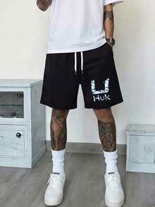 HUK Camouflage U-Letter Printed Drawstring Shorts Outdoor Fishing Quick-Drying Wind Loose Sports Men's Pants, Suitable For Sports And Leisure Use, Spring And Summer T-Shirts, Suitable For Display, Suitable For Walking And Parties, Holiday Gifts. - 黑色 - 查看 1