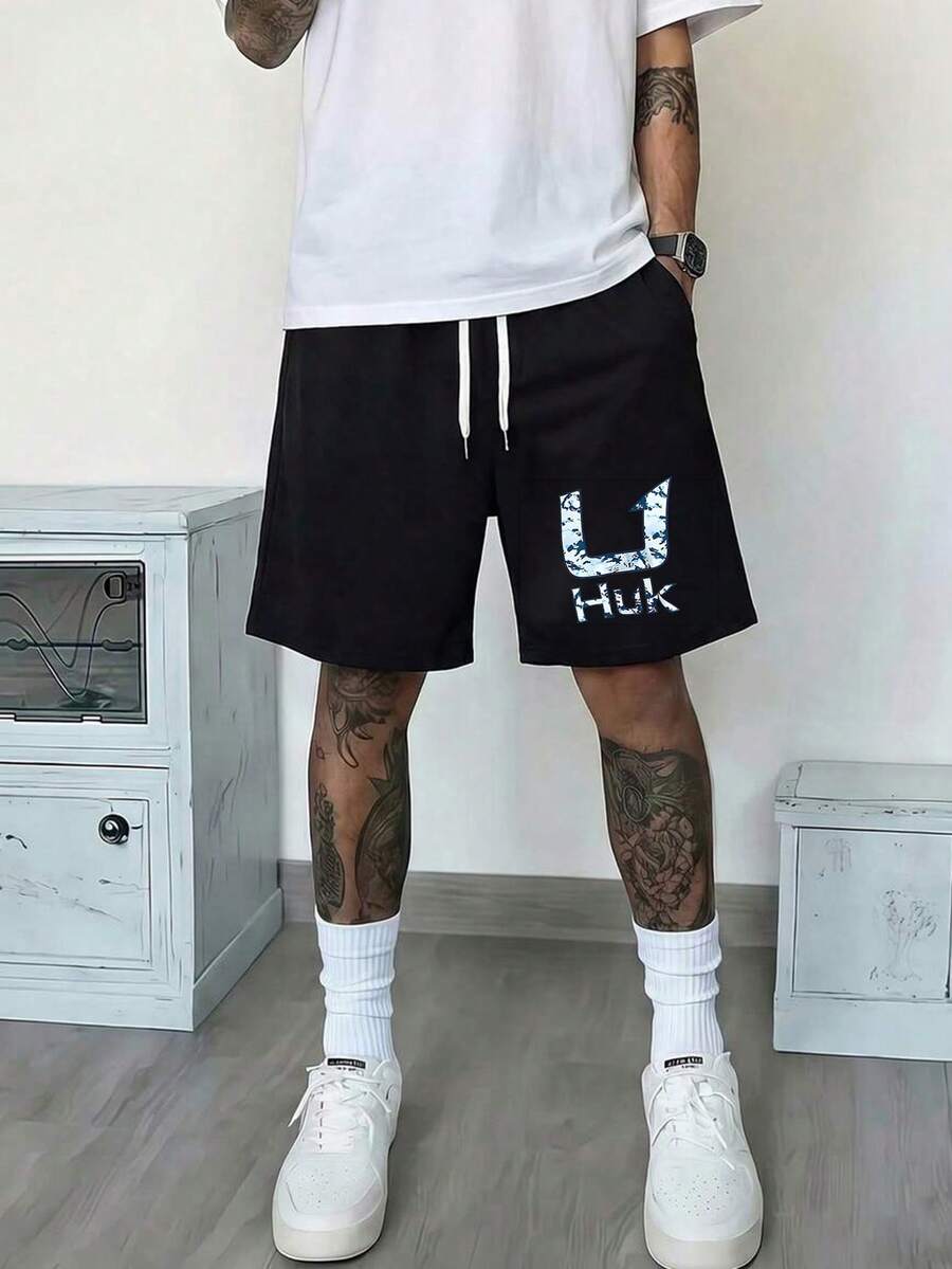HUK Camouflage U-Letter Printed Drawstring Shorts Outdoor Fishing Quick-Drying Wind Loose Sports Men's Pants, Suitable For Sports And Leisure Use, Spring And Summer T-Shirts, Suitable For Display, Suitable For Walking And Parties, Holiday Gifts. - 黑色 - 查看 1