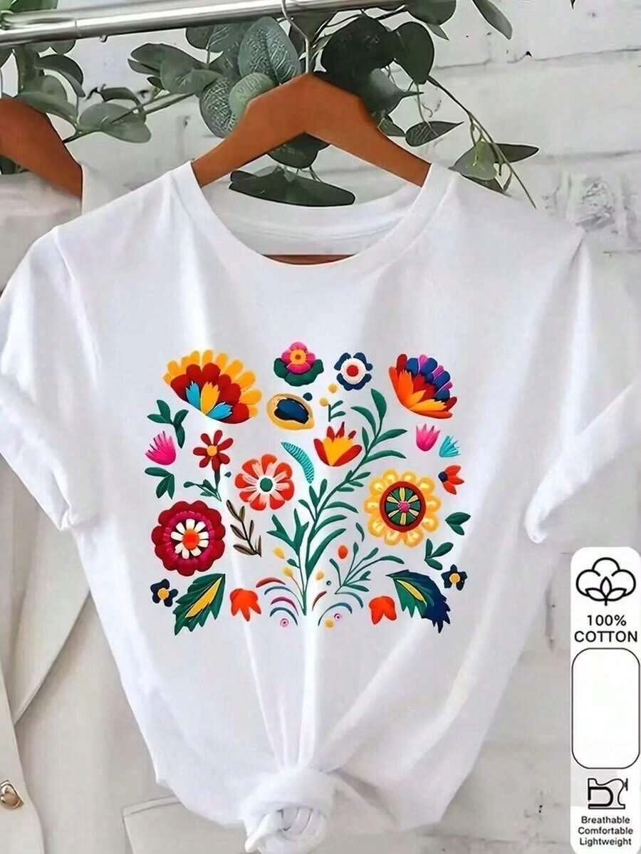 camiseta de manga corta con cuello redondo para mujeres, diseño primavera-verano, con estampado moderno y minimalista de flores que combina perfectamente, transpirable y absorbe la sudoración. Envío directo desde nuestro almacén local, modelo para parejas, ideal para llevar en pareja. - Blanco - Ver 1