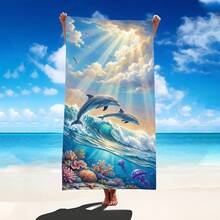 1 pieza Toalla de playa con diseño de delfín de tema oceánico, manta de playa extra grande de microfibra súper suave, toalla de baño súper absorbente, adecuada para viajes, piscina, buceo, surf, yoga, camping, disponible en varios tamaños, accesorios de playa para playa, piscina, viajes, camping, yoga - delfín - Ver 2