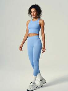 I-Shaped Back Ribbed Crop Top, Seamless Workout Tank Sports - Blue - View 10