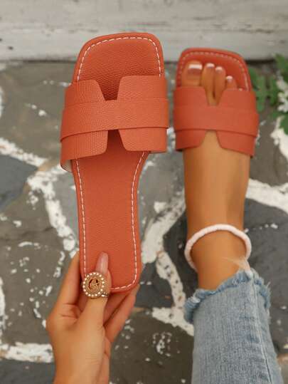 Dép xăng đan đế bằng bằng rơm dệt kim trang trí nơ kim loại dáng rộng dành cho nữ, kiểu dáng tối giản thoải mái, thích hợp cho kỳ nghỉ, bãi biển, mặc hàng ngày, dép hở mũi màu cam mùa hè.
