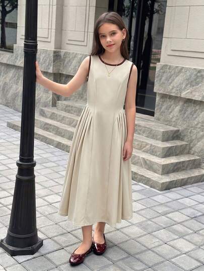 Purechapter Đầm midi cổ tròn không tay, khóa kéo, phối màu thanh lịch dành cho bé gái tuổi teen mùa hè, phù hợp cho bé gái 8-12 tuổi mặc hàng ngày, đi làm, đi học, dự tiệc ngoài trời, đi nghỉ mát, làm quà tặng sáng tạo.