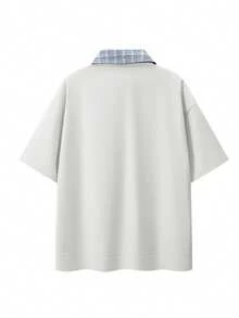 Conjunto de 2 piezas de camisa tipo polo con media cremallera y pantalones cortos a cuadros de estilo patchwork para hombre, conjunto informal y holgado - Beis - Ver 5