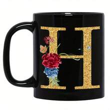 1pc Gold Letter & Floral Print Ceramic Coffee Mug, Beautiful & Practical Gift For Women, Girls, Office, Home Use - Black - View 12