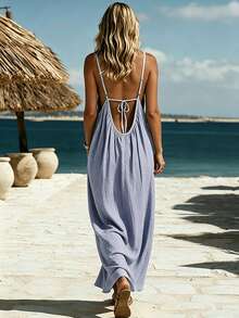 Vestido casual de mujer de unicolor, de tela tejida, con espalda descubierta y lazo, para playa y vacaciones de verano - Lila Púrpura - Ver 3