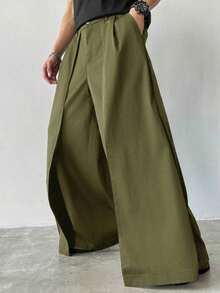 Niche Design Multi-Panel 2 In 1 Men's Loose Japanese Style Oversized Wide Leg Pants, Boyfriend Gifts,Christmas Gifts, Fall - 軍綠色 - 查看 7