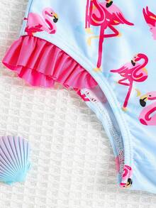 Bộ đồ bơi liền thân in hình chim hồng hạc, viền bèo nhún, thích hợp cho bơi lội, vui chơi trên bãi biển và các hoạt động dưới nước khác dành cho bé gái. - Màu xanh nhạt - Xem 6