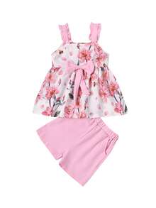 2 Pcs Infant Summer Outfits, Baby Girl Watermelon/Flower Ruffle Strap Square Collar Bowknot Tank Top + Shorts with Pockets - flores rosas - Ver 2