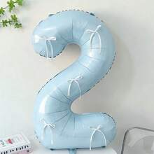 7pcs Blue Number Balloon Set, Bow Tie DIY Decor, Blue Number (0-9) Foil Balloons, Includes Glue, Suitable For Birthday Party, Room Decor, Anniversary, Photo Props, Princess Party Decoration - Baby Blue + Bow - View 3
