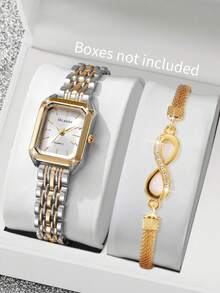 Bộ 2 chiếc đồng hồ nữ thời trang thường ngày, mặt vuông tối giản, máy quartz thanh lịch + vòng tay (Không bao gồm hộp đồng hồ) - Nhiều màu - Xem 2