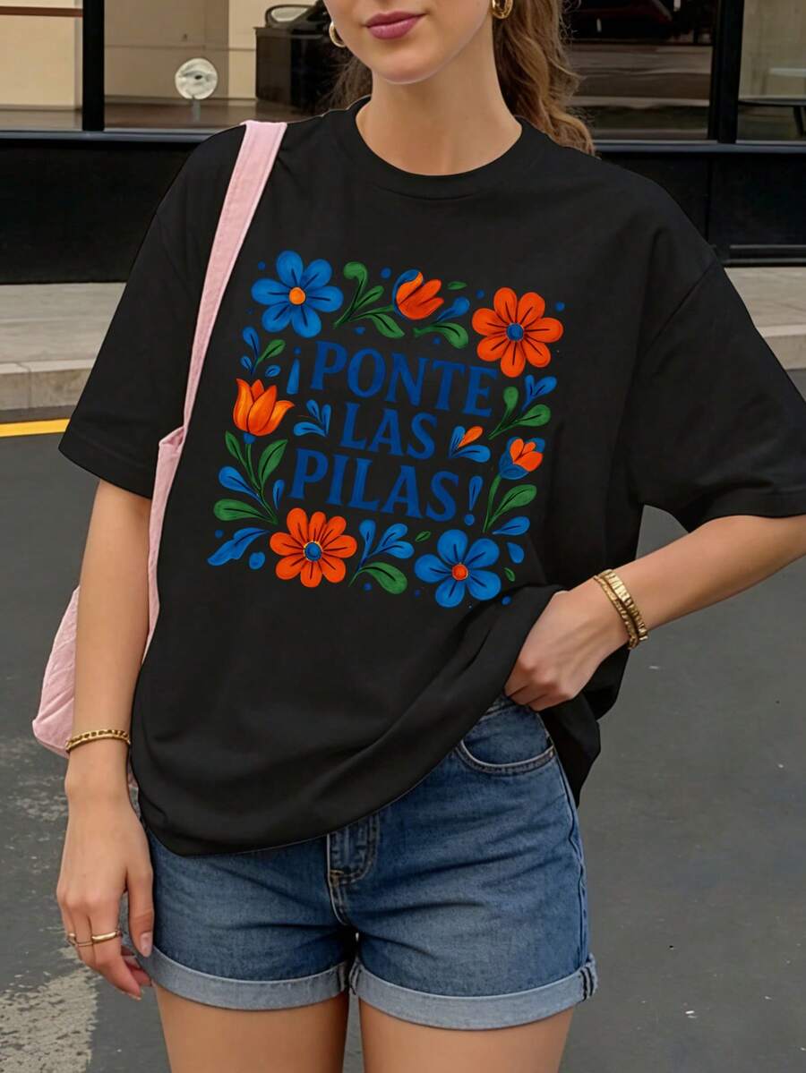Camiseta Negra con Estampado Floral y Texto Ponte Las Pilas para Ocio Casual - Negro - Ver 1