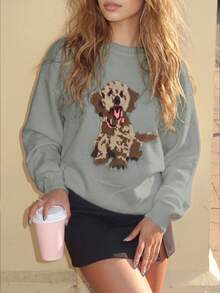 Áo len nữ họa tiết chó mùa thu, thích hợp cho trường học, các sự kiện tựu trường, áo kiểu dễ thương, phong cách đường phố retro Y2K, áo dành cho giáo viên. - Xám - Xem 5
