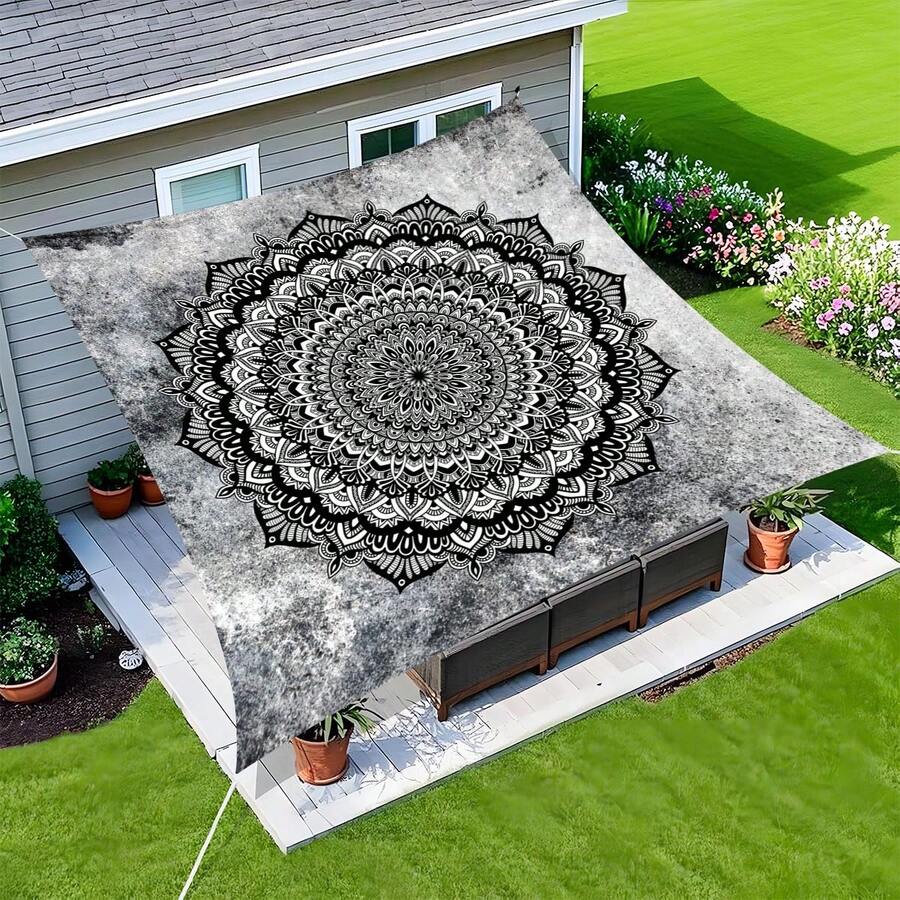 1pc Black & White Minimalist Mandala Bohemian Mandala Print Outdoor Sun Shade Cloth, Camping Canopy, Sun Shade For Garden, Patio, Beach, Camping, Outdoor Adventure, Picnic Mat (Poles Not Included) - Black and White Minimalist Mandala - View 1