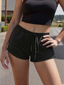 Women's Summer Drawstring Shorts Solid Color Low Waist Casual Breathable Short Pants - Black - View 5