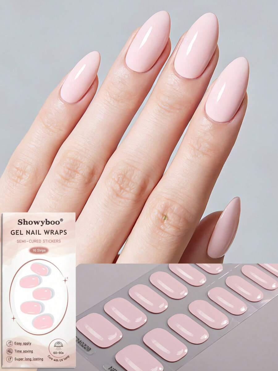 16 miếng dán móng tay gel bán khô, thiết kế màu hồng nhạt và màu nude nhẹ nhàng, thanh lịch, tự dính, dán phủ toàn bộ móng, sử dụng với đèn UV, dễ dán và dễ gỡ, phù hợp cho phụ nữ và bé gái sử dụng hàng ngày, đi làm, hẹn hò, tự làm móng nghệ thuật, dụng cụ làm móng.