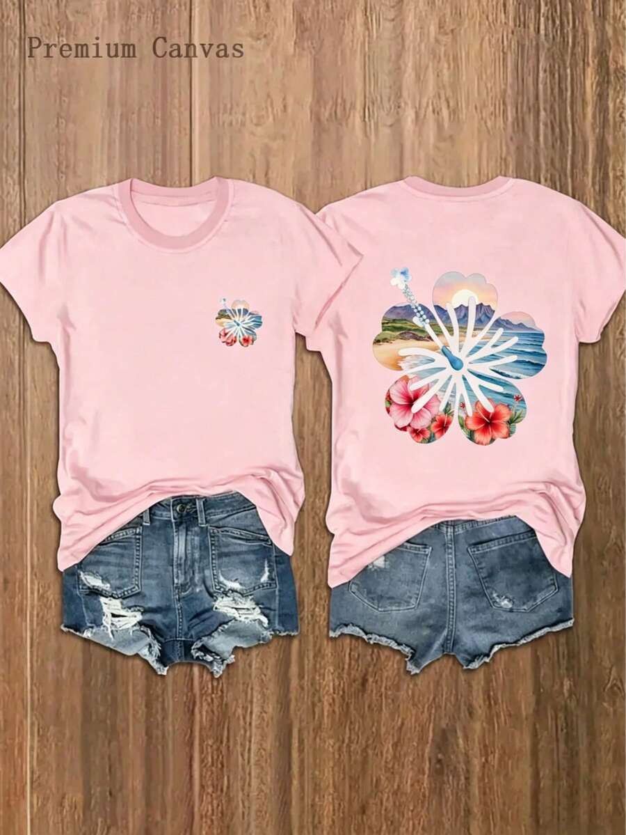 Women'S T-Shirt Beach Vacation Style, Floral Printed Boho Style, Crew Neck Casual Short Sleeve, Hibiscus Flower Graphic On Front & Back - 粉色 - 查看 1