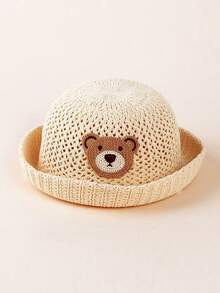 1 pieza Gorro de sol decorado con oso de dibujos animados de punto transpirable para bebés e infantes niños y niñas de 0 a 18 meses, primavera verano otoño - Caqui - Ver 10