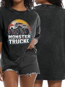 Monster Trucks Are My Jam Vintage Retro Monster Truck Lover  Washed Black Distressed T Shirt Unisex Retro Oversized Short Sleeve Top For Skateboarding And Casual Outings Cosplay, - Black - View 2