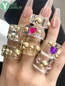 Y2K透明树脂戒指，宽版金属珠心形水钻戒指，朋克风叠戴戒指 - 彩色 - 查看 1