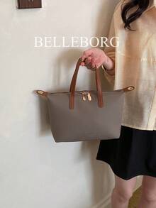Bolso de mano grande, ligero y minimalista con textura de lichi para mujer - Gris - Ver 7