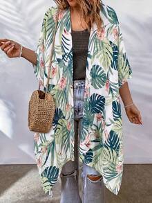 熱帶印花開襟和服風休閒沙灘罩衫 度假白色夏季款 - 白色 - 查看 3