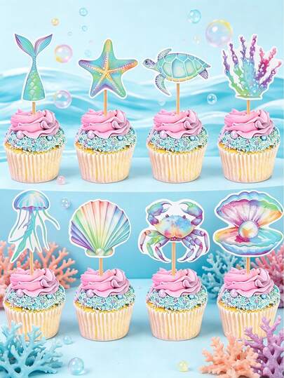 Bộ 16 món trang trí bánh cupcake chủ đề đại dương, bao gồm các họa tiết nàng tiên cá, ngọc trai, vỏ sò, rùa, sao biển, cua, sứa, san hô, đồ dùng trang trí tiệc sinh nhật mùa hè, đồ trang trí làm bánh, phụ kiện trang trí bánh cupcake, đồ dùng cho ngày lễ và tiệc tùng.