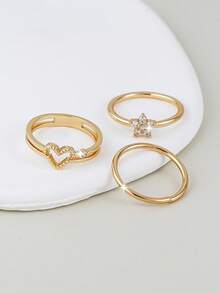 3pcs Elegant Cubic Zirconia Heart & Flower Rings Set, Suitable For Women's Daily, Date, Party Matching - Yellow Gold - View 6