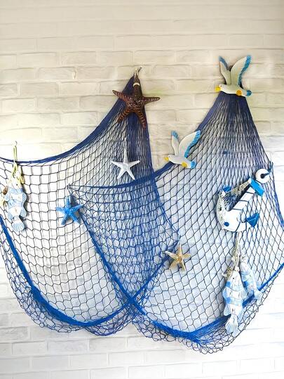 2/1pc Handmade Bohemian Style Blue Fishing Net Wall Decor - Ocean Theme Fabric Panel, Fishing Net Wall Hanging Decoration