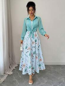 Gaun Wanita Elegan Bermotif dengan Jaket Lengan Panjang, Set 2 Potong Anggun untuk Kencan, Perjalanan, dan Pakaian Sehari-hari Saat Liburan - Mint Green - View 2