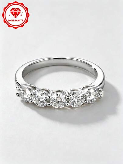 1pc 5-Stone Stacked Moissanite Ring, Women's Fashion 4mm*5pcs Round Moissanite Stacked Ring, Anniversary Birthday Gift