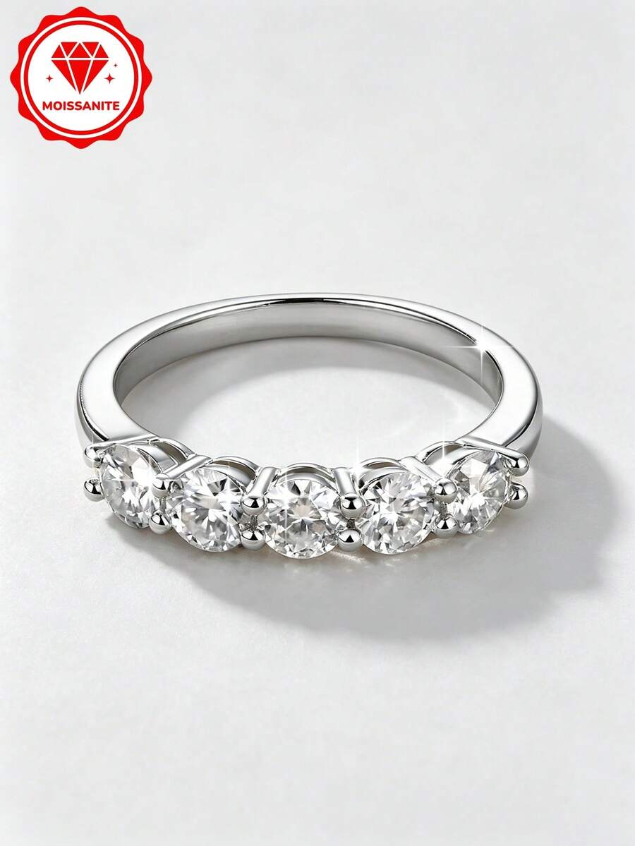 1枚5石叠戴莫桑石戒指，女士时尚4毫米*5颗圆形莫桑石叠戴戒指，周年纪念生日礼物 - CU-RMO-052 - 查看 1