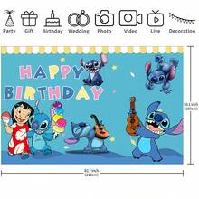 1 tấm vải trang trí treo tường chủ đề sinh nhật Stitch & Lilo màu xanh dương, kích thước 210*150/150*100/100*75CM, hình kem và đàn guitar, chữ "Chúc mừng sinh nhật" nhiều màu sắc, phông nền chụp ảnh sinh nhật, trang trí studio. - BJB - Xem 13
