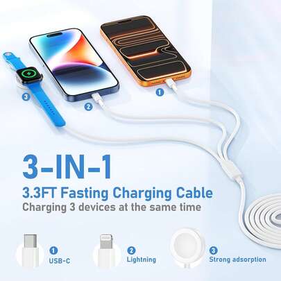 1条3合1磁吸快充线，兼容 Series Ultra2/SE/10/9/8/7/6/5/4/3/2/1, 17/16/15/14/13/12/11,