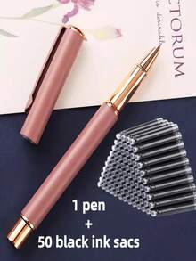 1 penna + 50 st. refillpatroner, matt metallreservoarpenna, mjuk skrift, lämplig för skolan, kontoret, present, kompatibel med 3,4 mm bläckpatroner - 51-delat set - Visa 9
