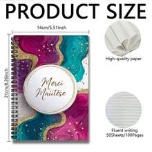 1pc "Merci Maitèse" Spiral Notebook, Featuring Elegant French Style, Vibrant Fluid Art Cover With Shimmering Gold Foil, 100 Pages High Capacity For Work, Study, Daily Planning, Ideal Gift For Graduation, Birthday And More - A - View 6