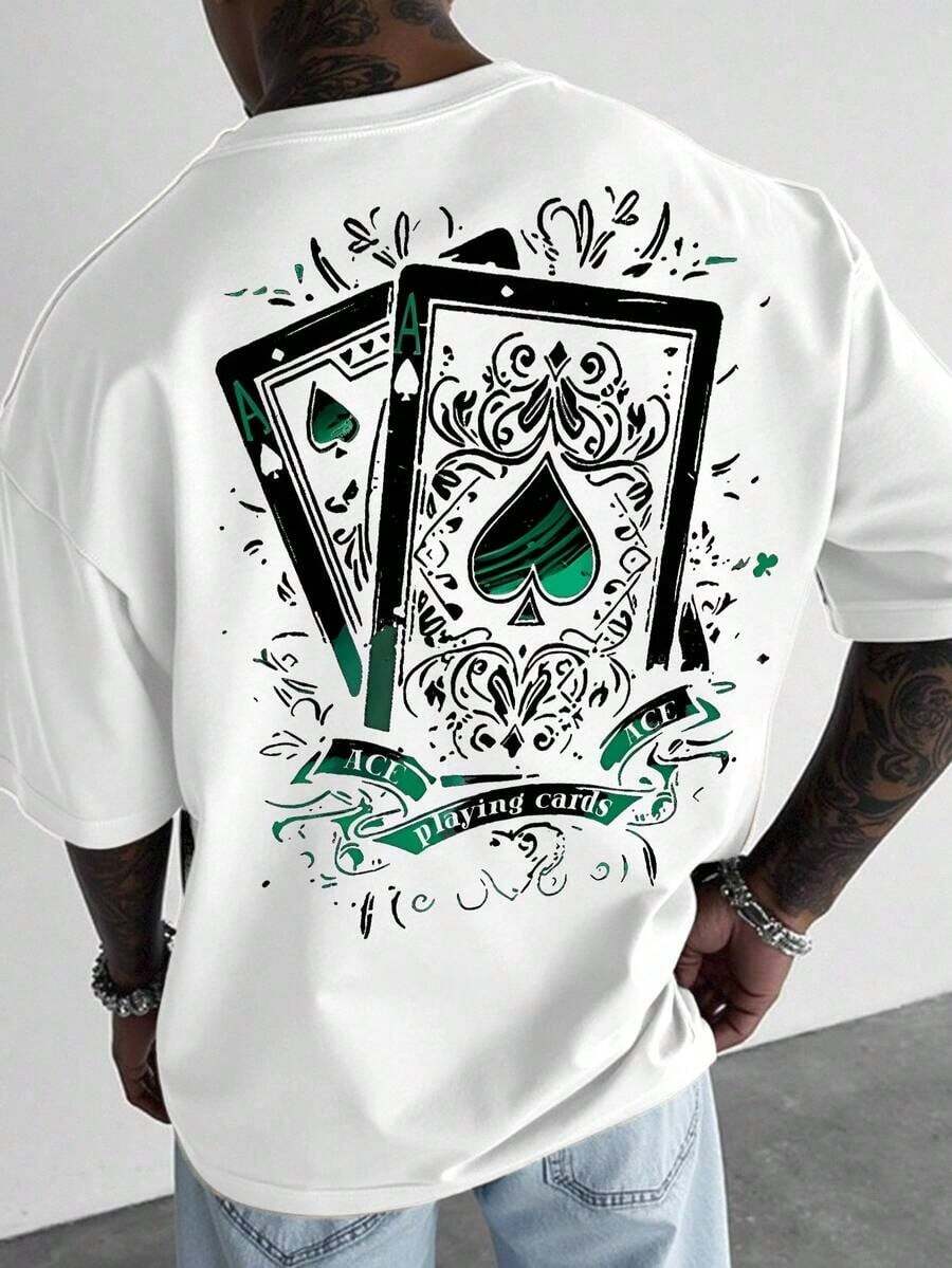 Fenqiro Men's Short Sleeve Crew Neck T-Shirt, Poker Card Graphic Print, Ace Of Spades Print, American Street Style, Versatile For Everyday Wear, Men's Ace Of Spades T-Shirt, 2000s Style. - 白色 - 查看 1