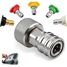 Garden Hose To Mini Power Washer Adapter-3/4 GHT To 1/4", Garden Hose Pressure Washer Attachment, Convert Water Hose To Power Washer Connector, Stainless Steel (Connector +5 Nozzle Set) - Silver - View 2