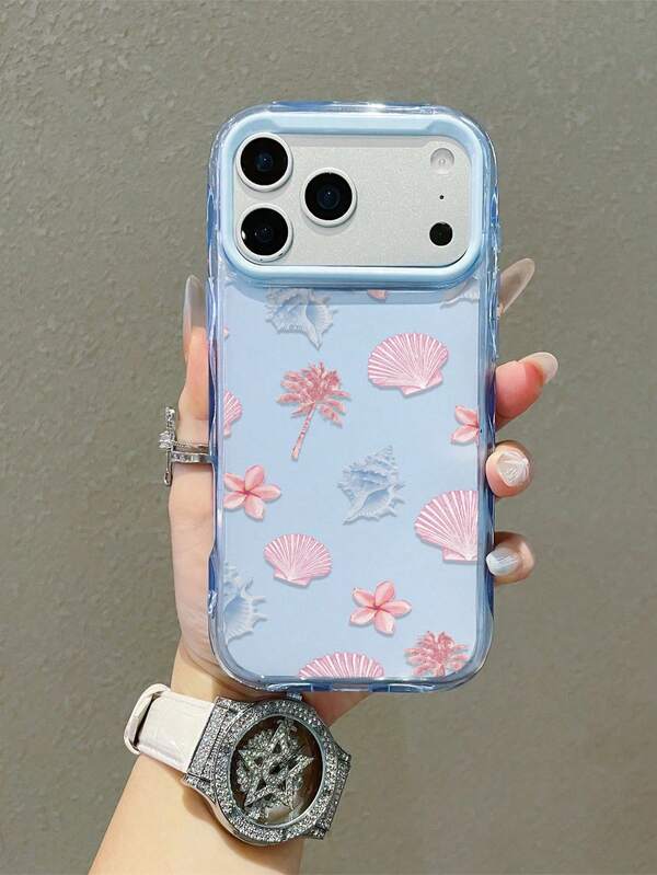 1 pieza Funda de teléfono con estampado de conchas azul y rosa en estilo estético, compatible con iPhone 16 15 14 13 12 ProMax 11, funda de teléfono coreana linda a prueba de golpes, funda de teléfono artística con lirios azules y blancos, regalo para el Día de San Valentín, compatible con iPhone 17/17Pro/17ProMax/17Air