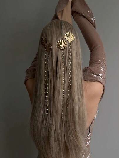 1 pieza Nuevo diseño de clip para el cabello con concha, cadena de pelo con borla de perlas, accesorio de cabello versátil estilo Ins adecuado para usar en la playa y de vacaciones