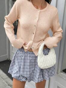 Spring Autumn Winter New Beige Round Neck Single-Breasted Knit Women's Top, Casual Y2K Style Cardigan, Suitable For Daily Commute Wear - Rice Apricot - View 3